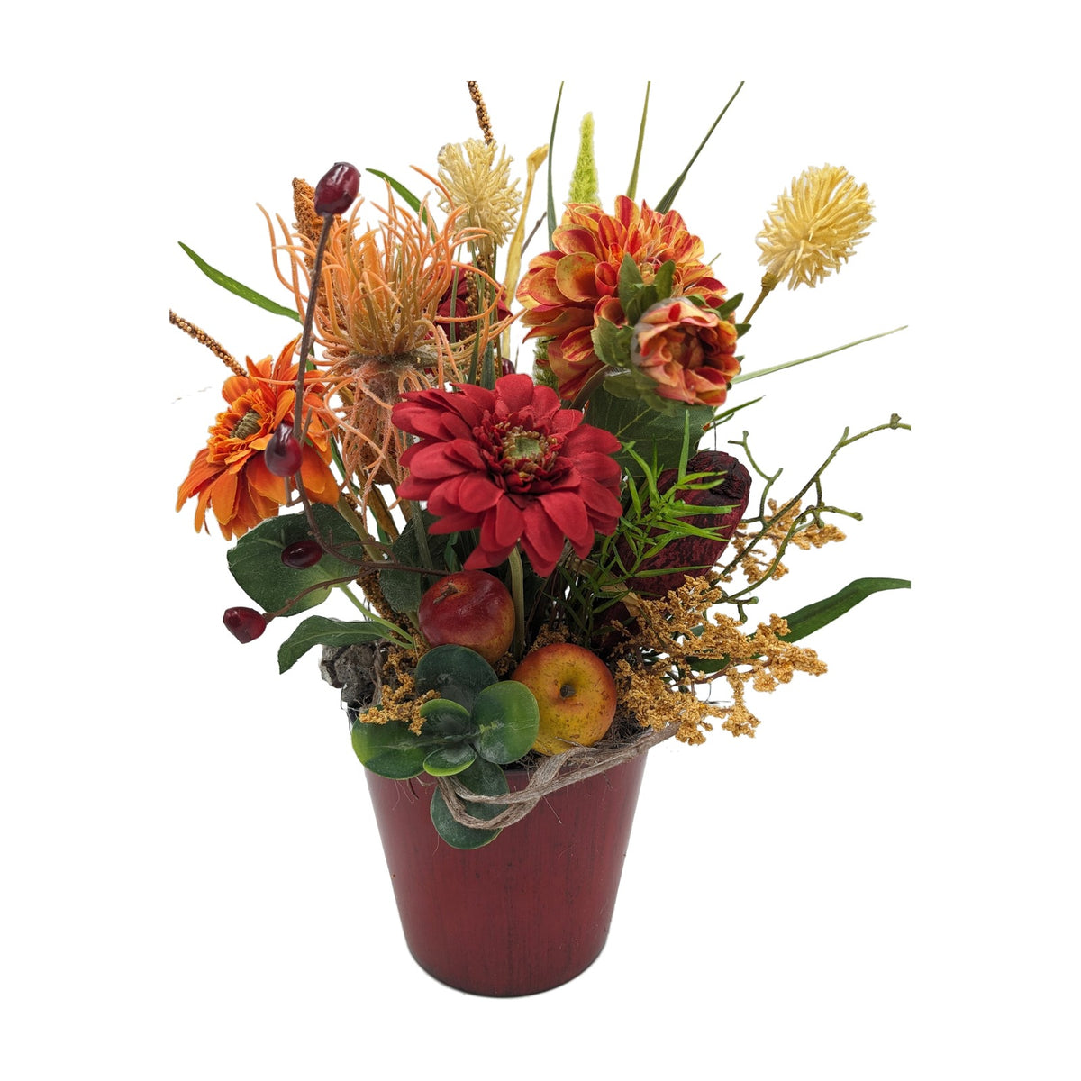 Freigestellt Herbstgesteck Apfel Gerbera Spider rot orange im Topf