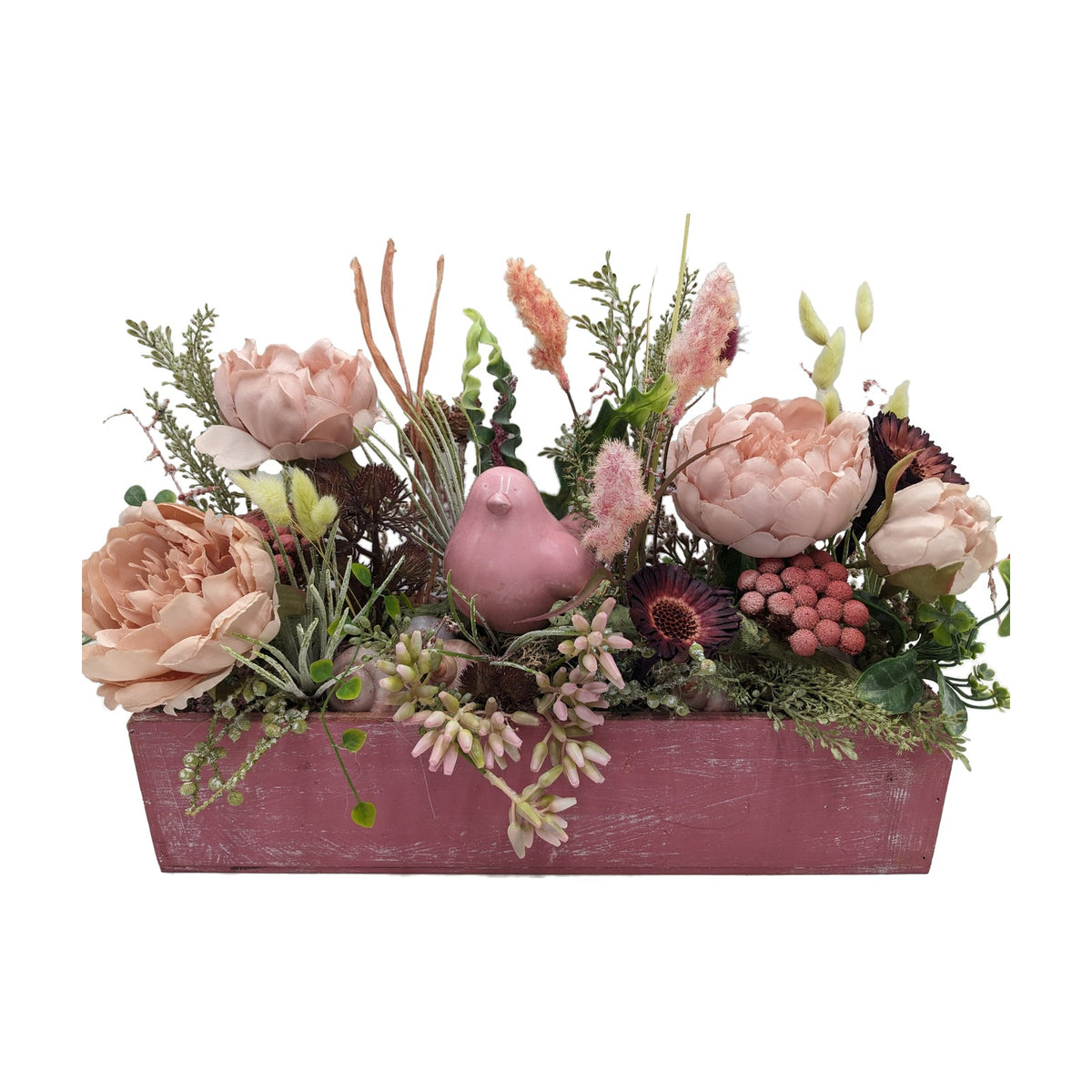 Freigestellt Sommergesteck Vogel Schnecke Pfingstrose rosa altrosa