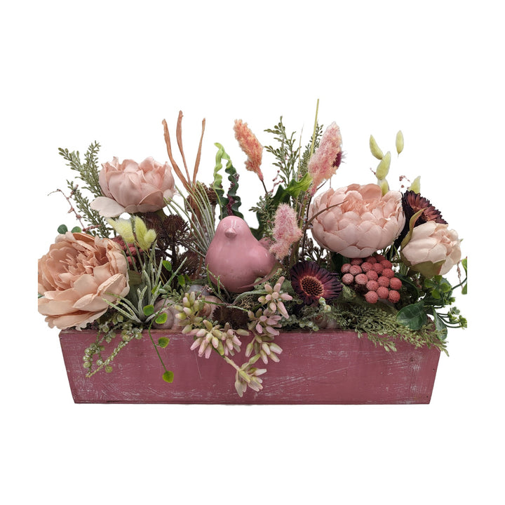 Freigestellt Sommergesteck Vogel Schnecke Pfingstrose rosa altrosa