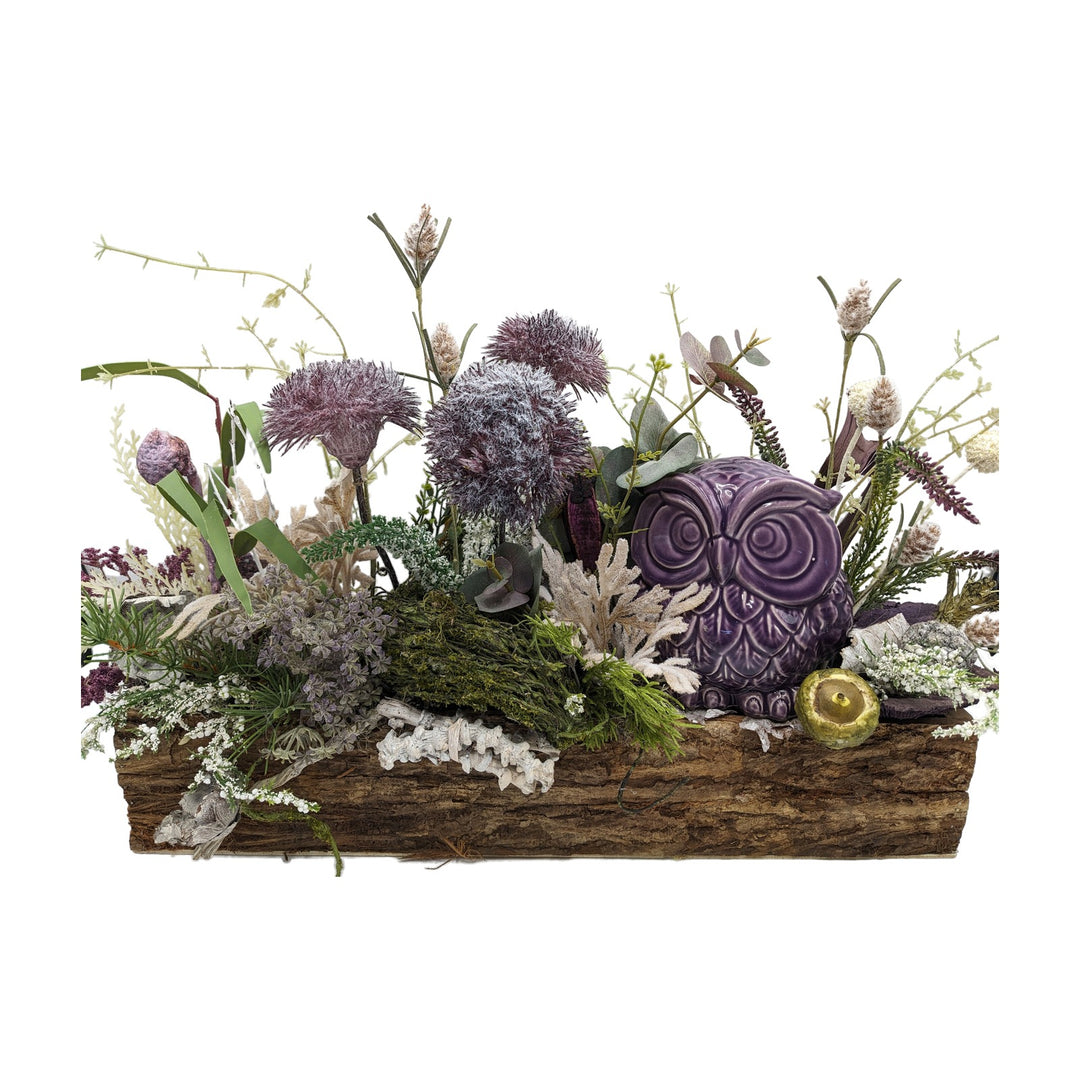 Freigestellt Herbstgesteck Eule Allium Eukalyptus lila creme