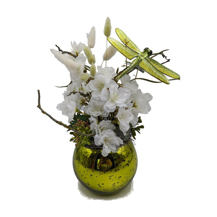 Freigestellt Sommergesteck Libelle Kirschblüte Gräser weiß grün