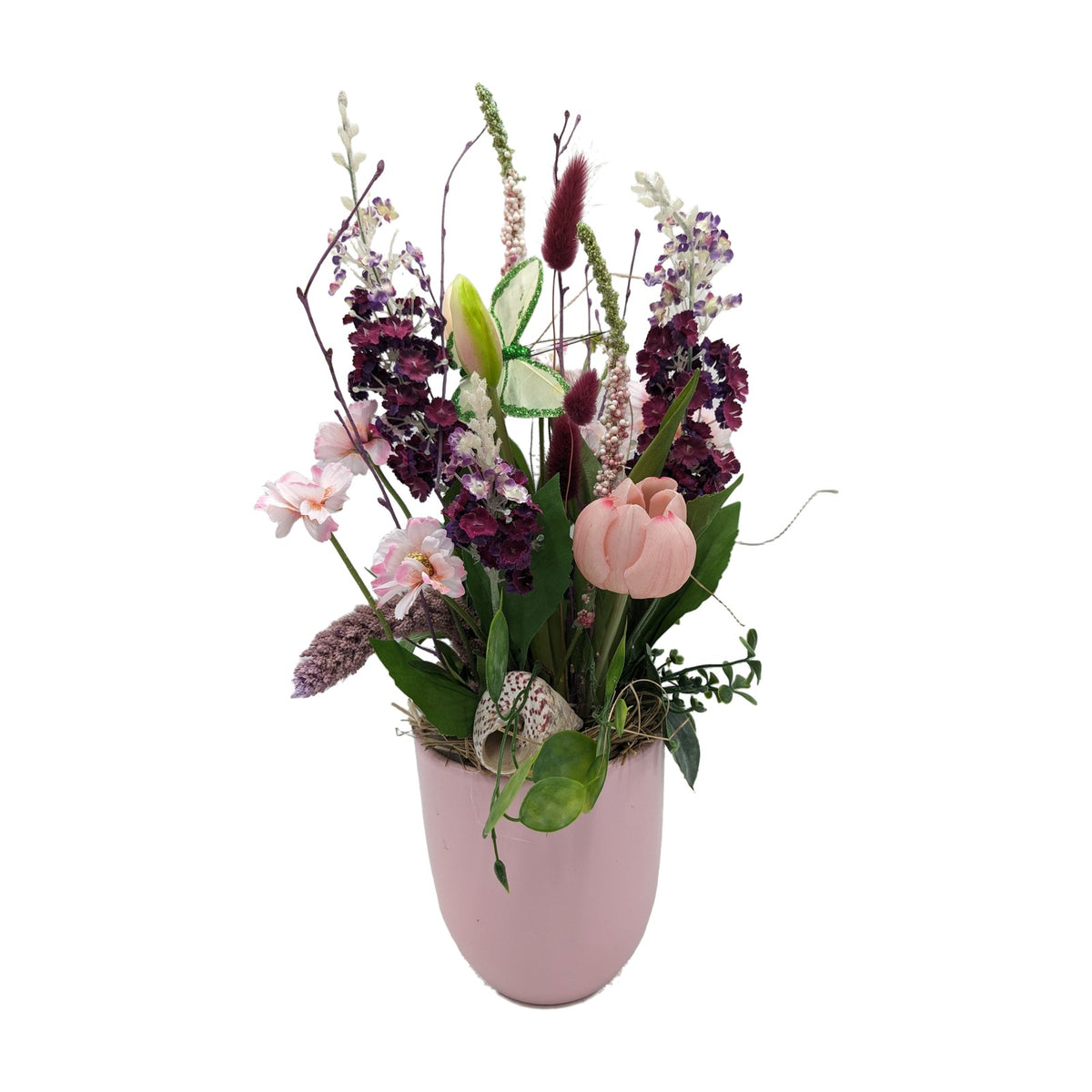 Freigestellt Sommergesteck Tulpe Schmetterling Schnecke rosa lila