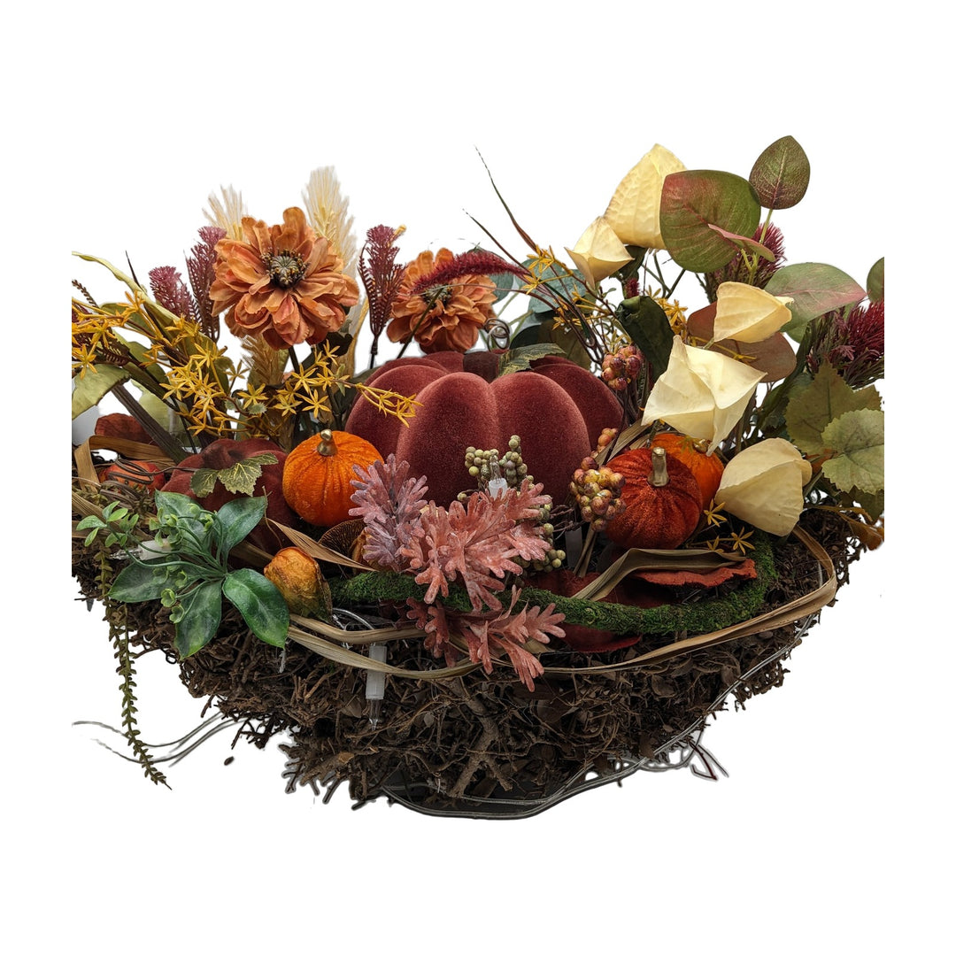 Freigestellt Herbstgesteck XXL beleuchtet Kürbis Physalis orange bordeaux