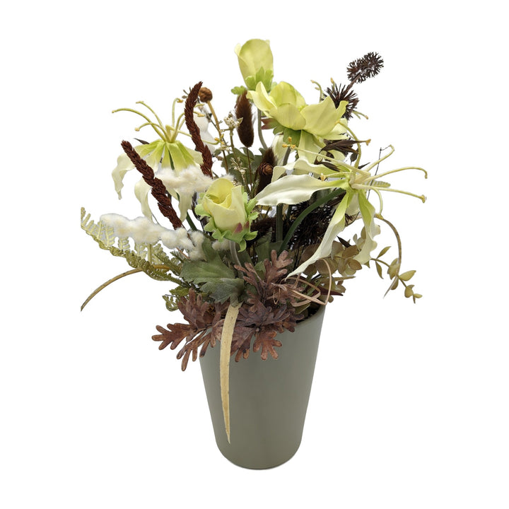 Freigestellt Sommergesteck Anemonen Gloriosa Zapfen Gräser creme grün