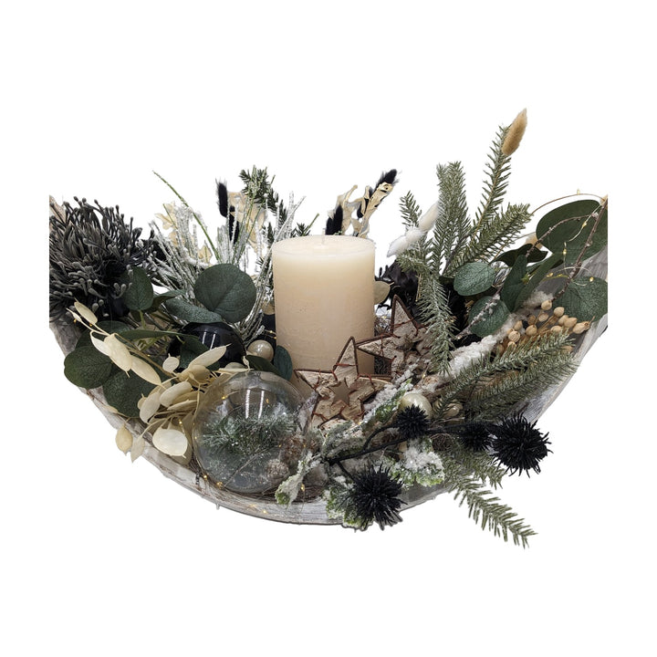 Freigestellt Weihnachtsgesteck LED Kugel Stern Eukalyptus schwarz creme