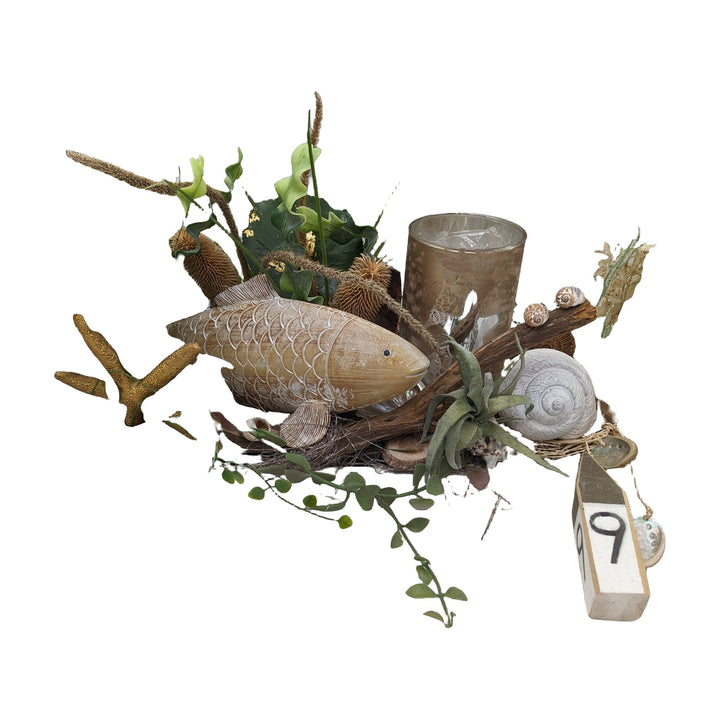 Freigestellt Sommergesteck maritim Fisch Seestern Schnecke Teelicht creme gold