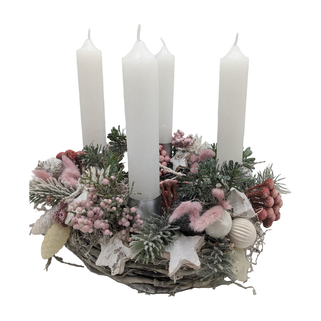 Freigestellt Adventskranz Kerzen Kugel Stern Zapfen Beeren rosa weiß