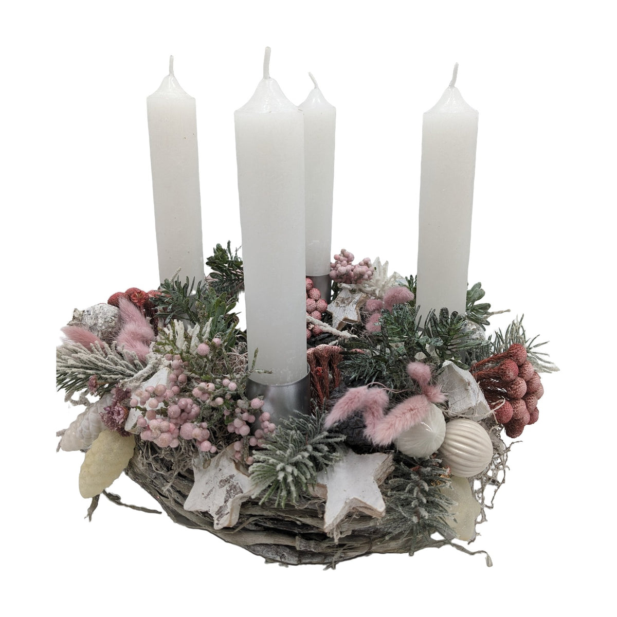 Freigestellt Adventskranz Kerzen Kugel Stern Zapfen Beeren rosa weiß