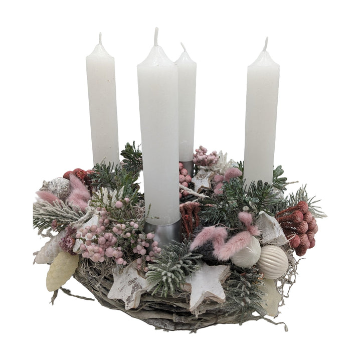 Freigestellt Adventskranz Kerzen Kugel Stern Zapfen Beeren rosa weiß