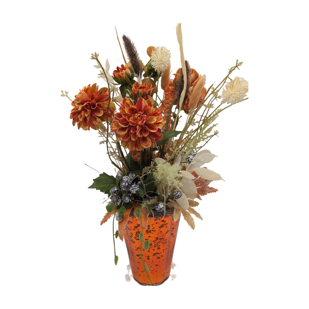 Freigestellt Sommergesteck Dahlien Beeren Gräser orange creme