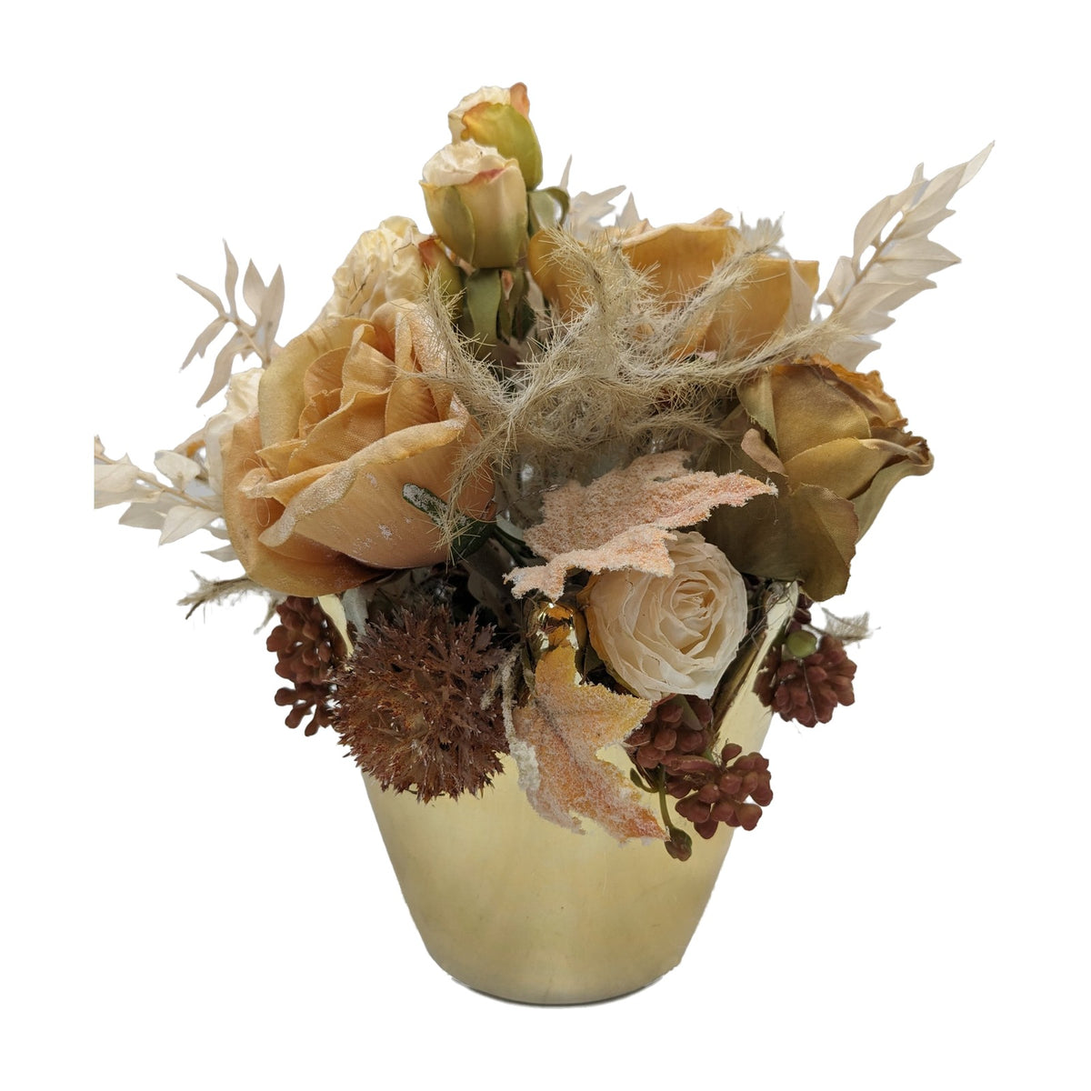 Freigestellt Sommergesteck Rosen Beeren Blätter orange gold im Goldtopf