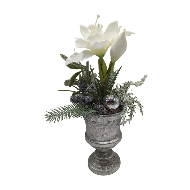Freigestellt Weihnachtsgesteck Amaryllis Zapfen Kugel weiß silber im Pokal
