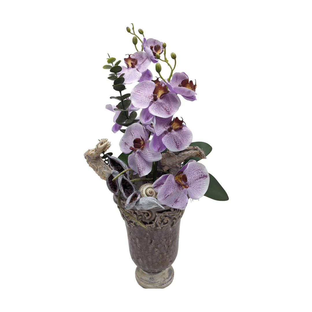 Freigestellt Orchideengesteck Schnecke Eukalyptus lila – Sommergesteck im Pokal