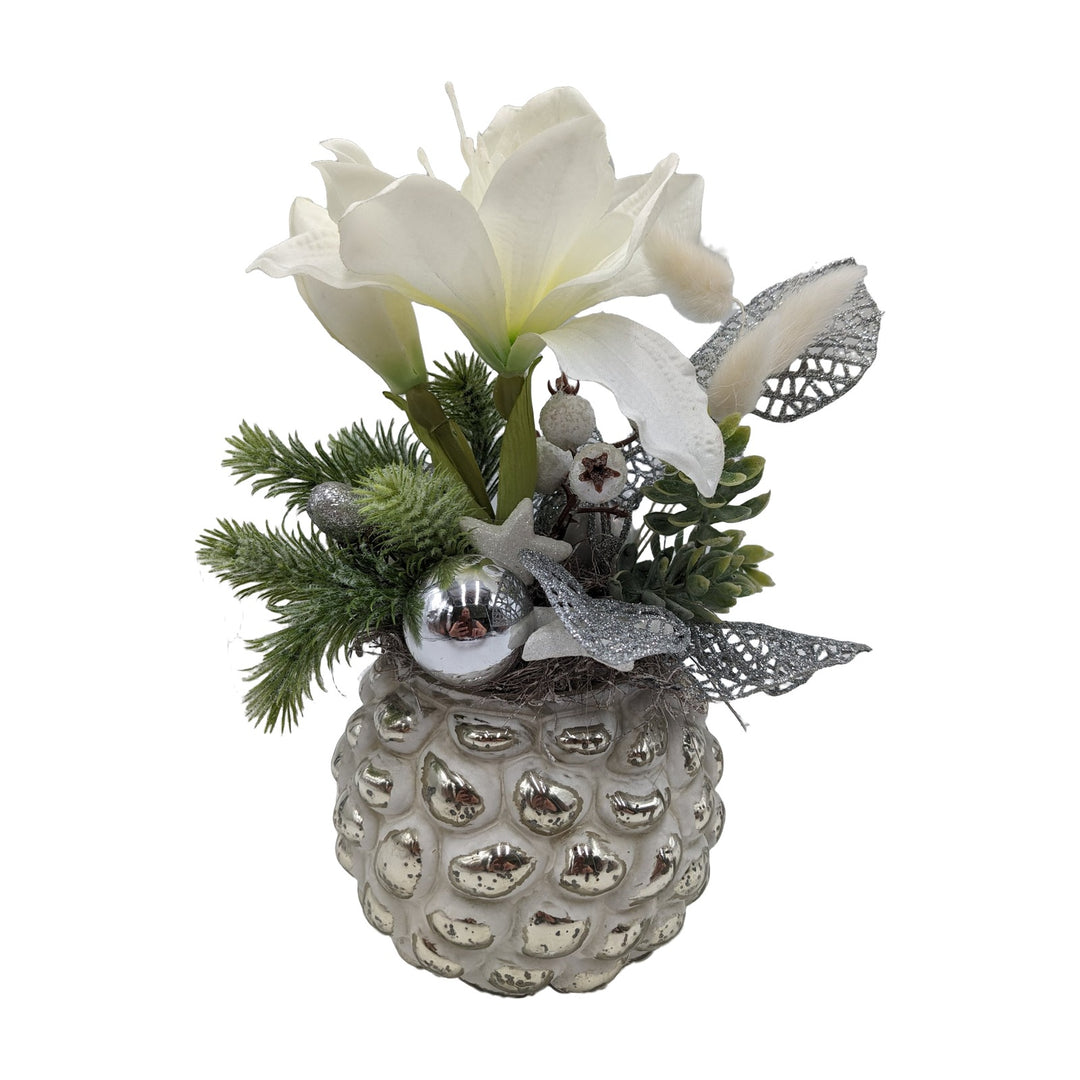 Freigestellt Weihnachtsgesteck Amaryllis Kugel Stern weiß silber