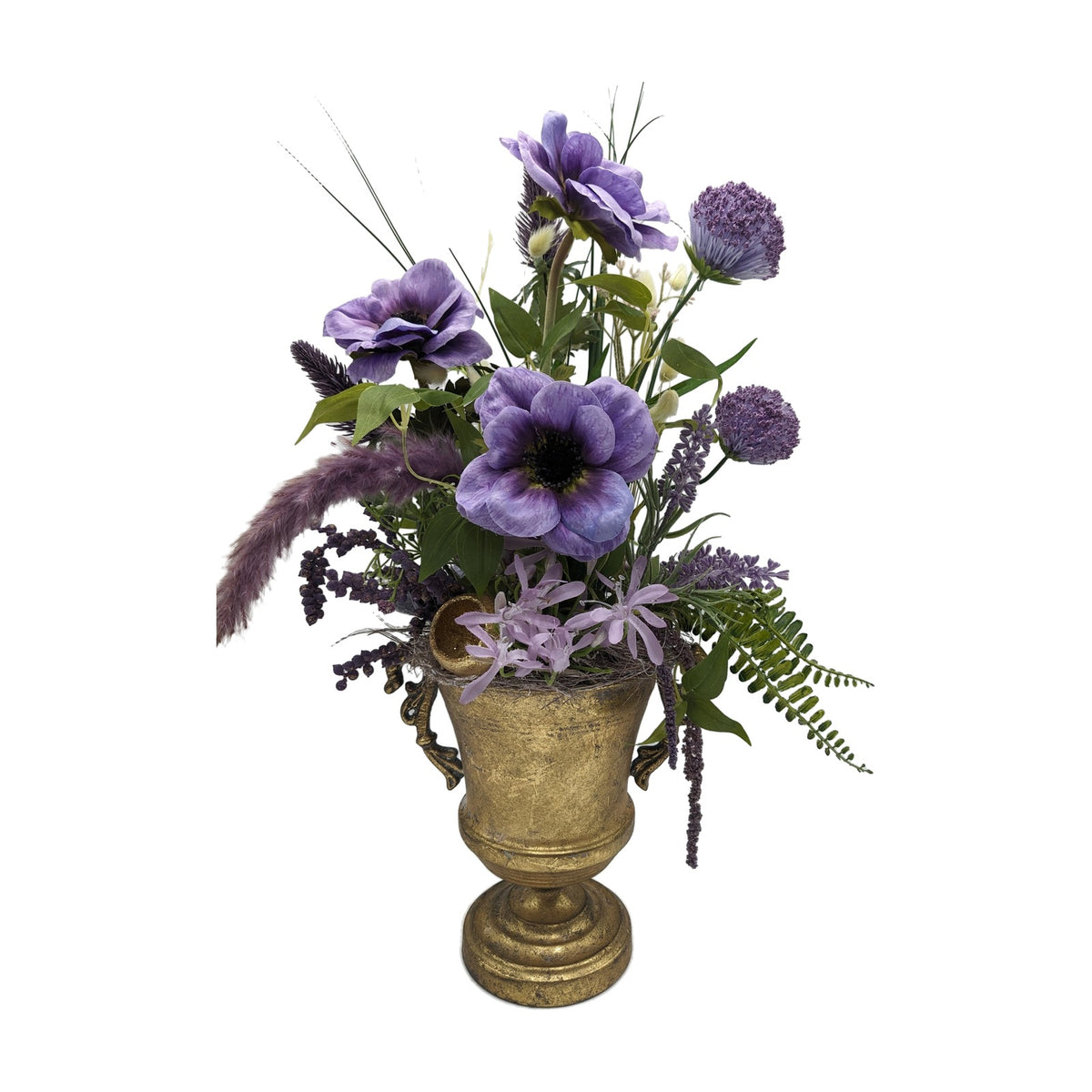 Freigestellt Sommergesteck Lavendel Distel Farn Anemonen lila gold