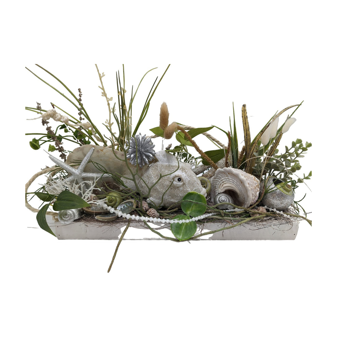 Freigestellt Sommergesteck maritim Fisch Seestern Muscheln creme silber