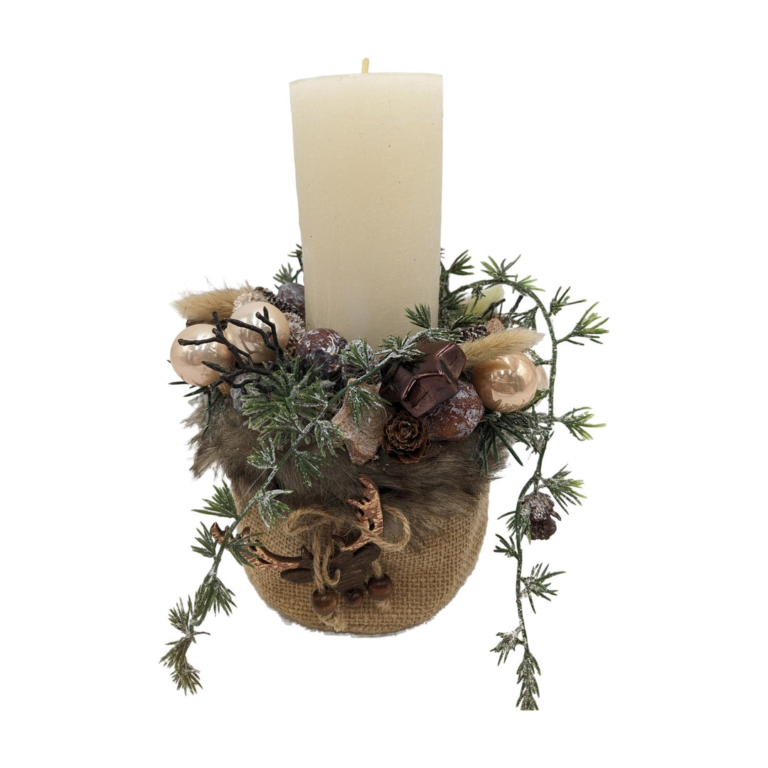 Freigestellt Weihnachtsgesteck Kerze Kugeln Zapfen Elch creme braun