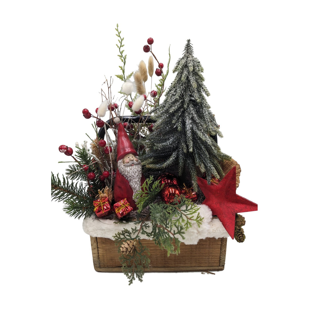 Freigestellt Weihnachtsgesteck Weihnachtsmann Kugel Stern Holzkiste rot grün