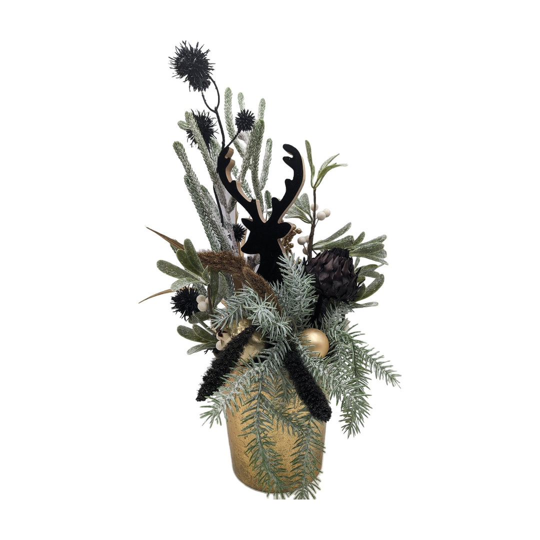 Freigestellt Weihnachtsgesteck Hirsch Mistel Kugeln schwarz gold