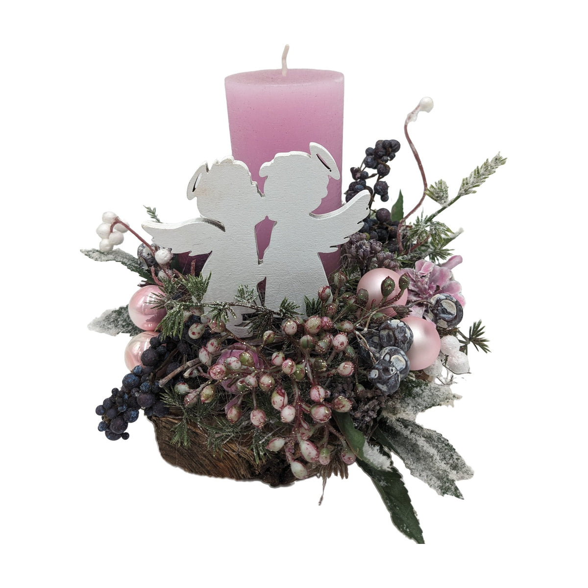 Freigestellt Weihnachtsgesteck Kerze Engel Kugeln Beeren rosa