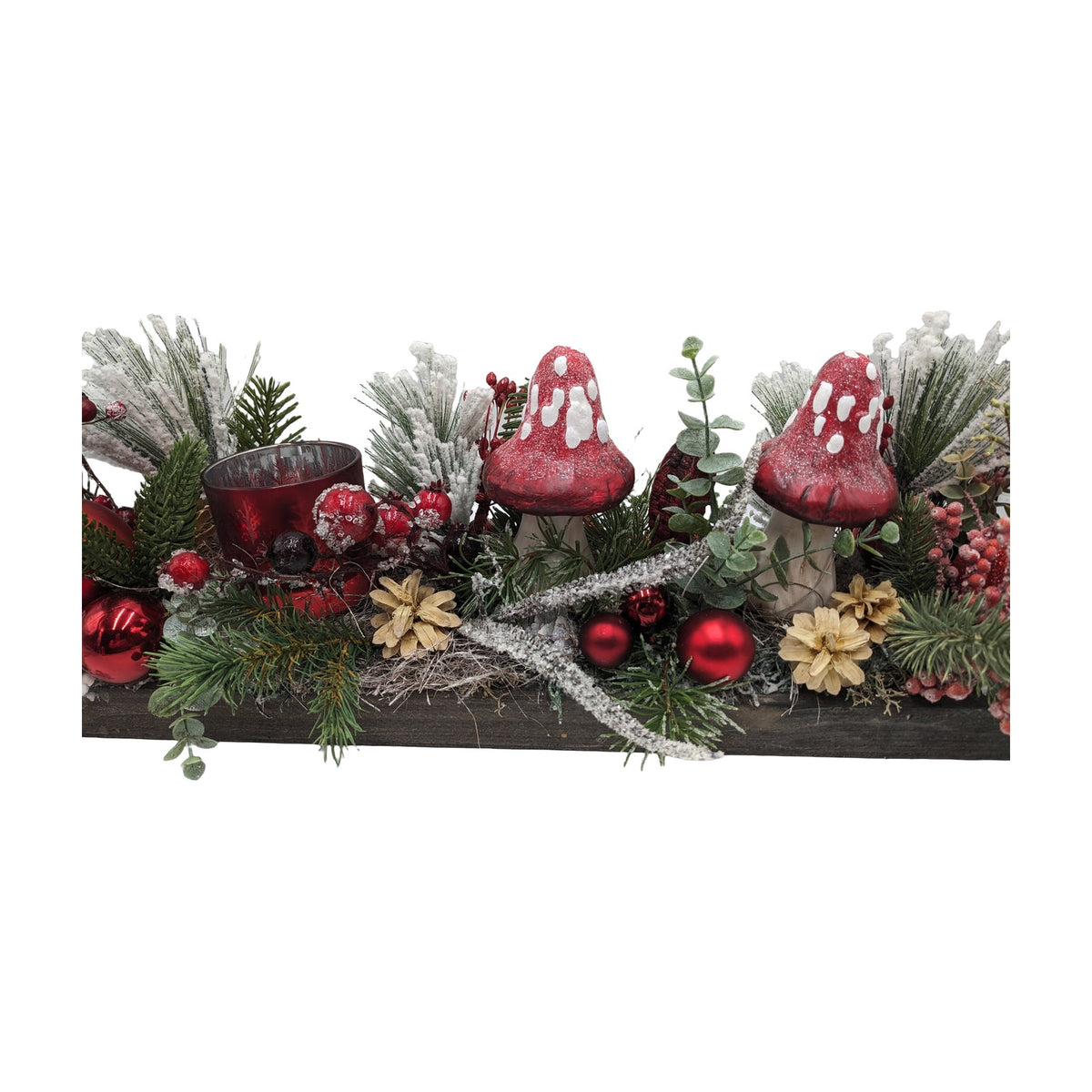 Freigestellt Weihnachtsgesteck Teelicht Kugeln Pilze Tanne rot weiß