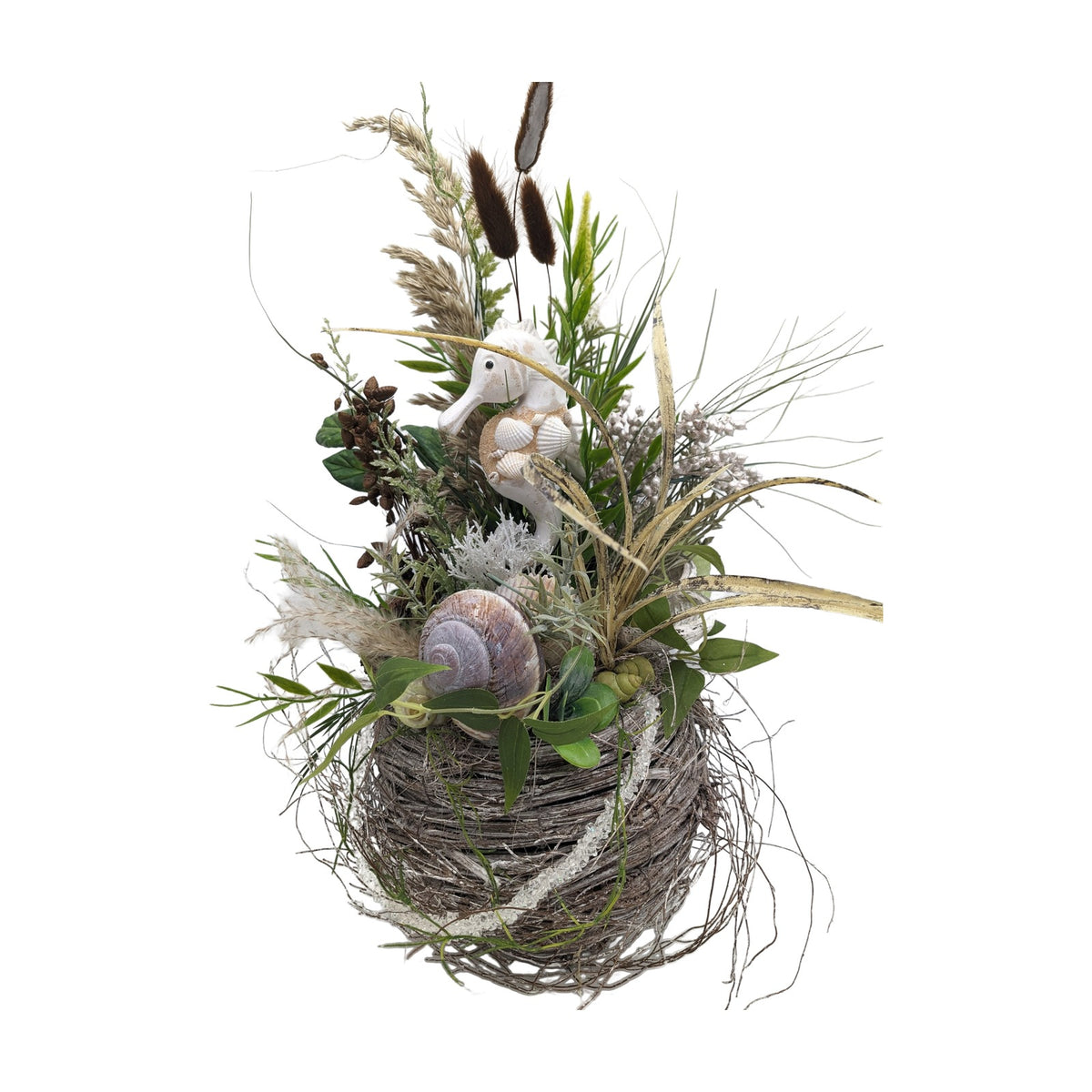 Freigestellt Sommergesteck Seepferdchen Schnecke Muscheln Gräser creme grün