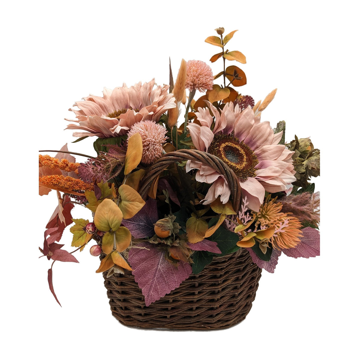 Freigestellt Sommergesteck Sonnenblume Hagebutte Eukalyptus rosa im Korb