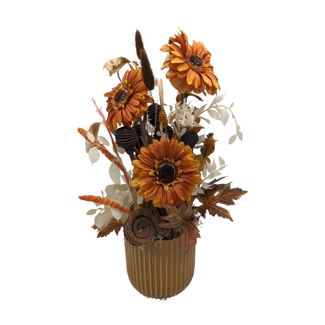 Freigestellt Herbstgesteck Gerbera Zapfen Gräser orange braun