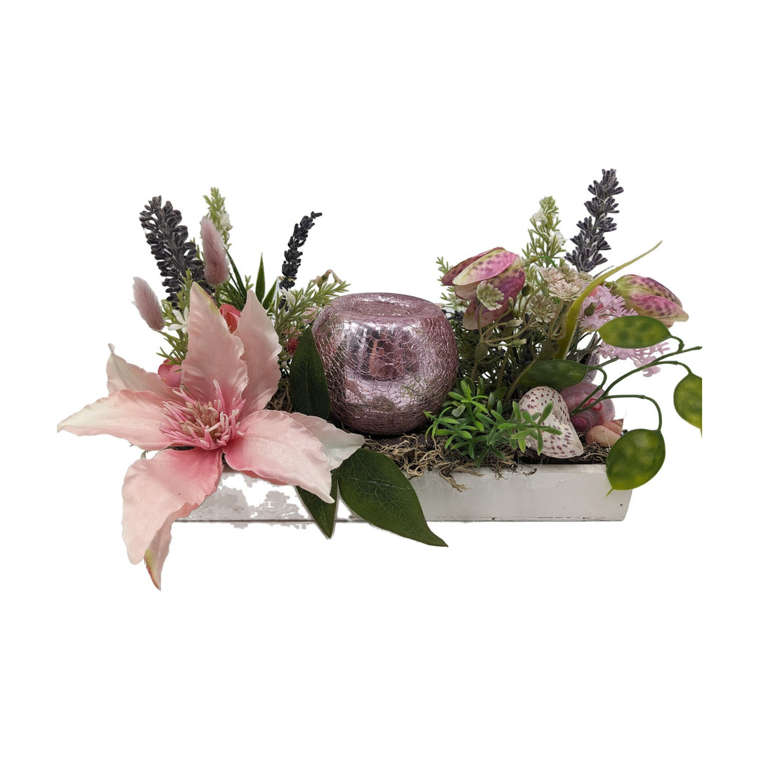 Freigestellt Sommergesteck Teelicht Schnecke Clematis Lavendel rosa lila