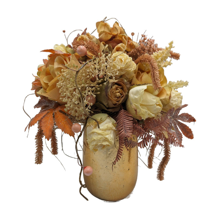 Freigestellt Sommergesteck Rosen Hortensie Beeren kupfer creme