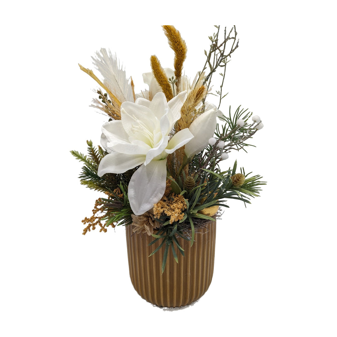 Freigestellt Weihnachtsgesteck Amaryllis Zapfen Gräser weiß ocker