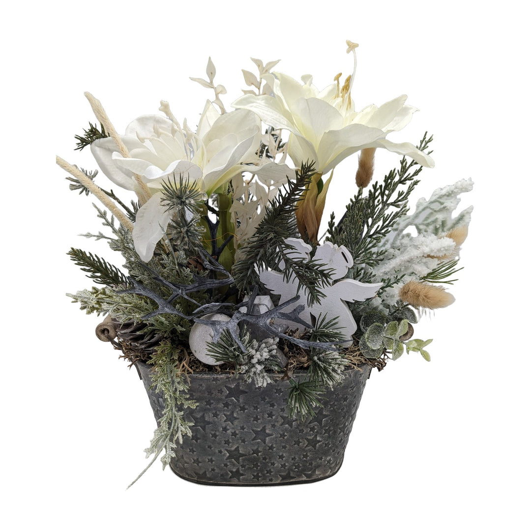 Freigestellt Weihnachtsgesteck Amaryllis Engel Kugel weiß grau