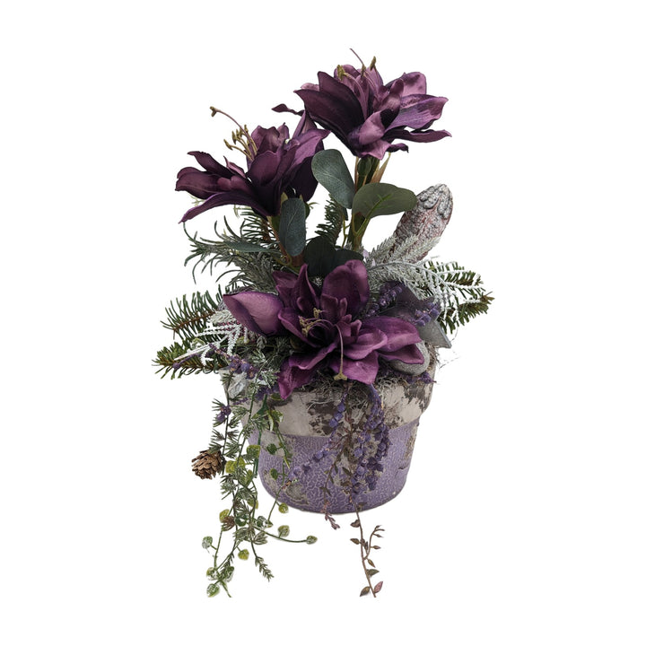 Freigestellt Weihnachtsgesteck Amaryllis Kugel Tanne lila silber