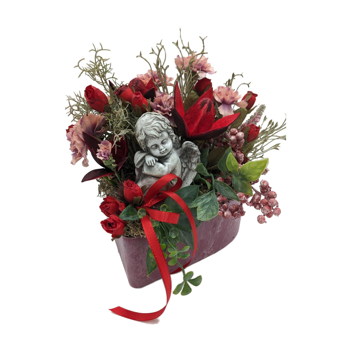 Freigestellt Trauergesteck Engel Rosen Nelken Beeren rot rosa