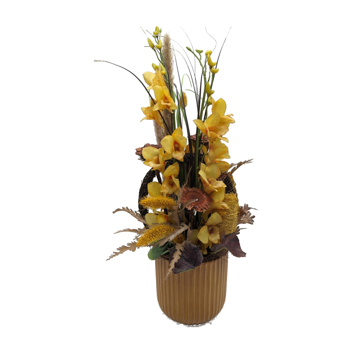 Freigestellt Sommergesteck Orchideen Geäst Gräser gelb ocker