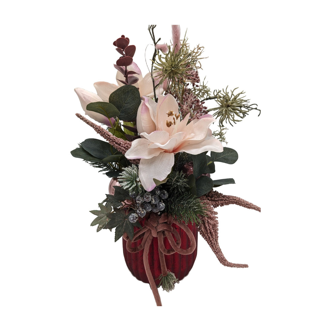 Freigestellt Weihnachtsgesteck Amaryllis Kugel Eukalyptus rosa rot