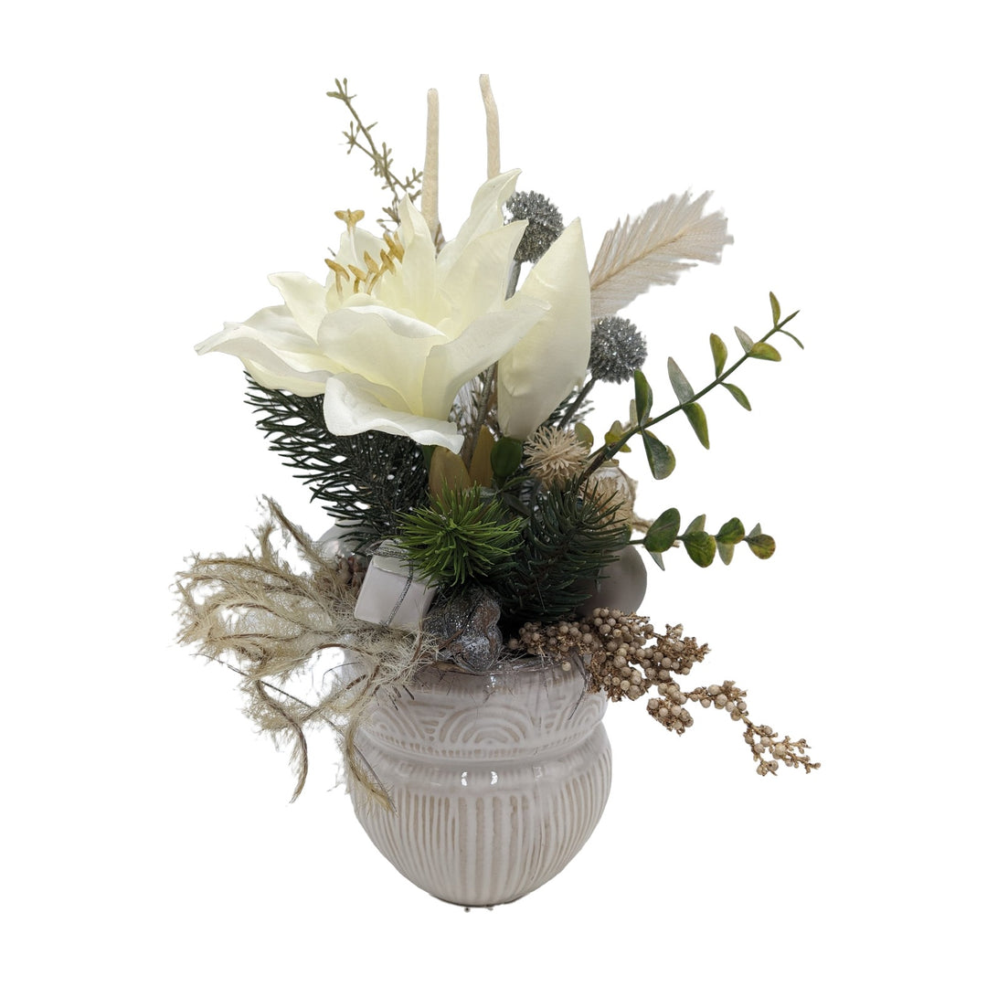 Freigestellt Weihnachtsgesteck Amaryllis Kugeln Tanne weiß silber
