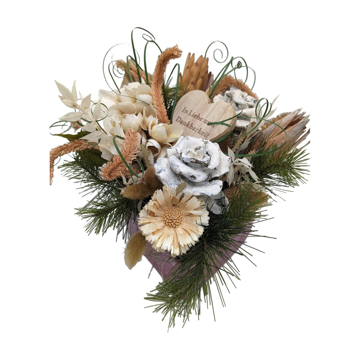 Freigestellt Trauergesteck Herz Rose Hortensie creme weiß mit Holzherz
