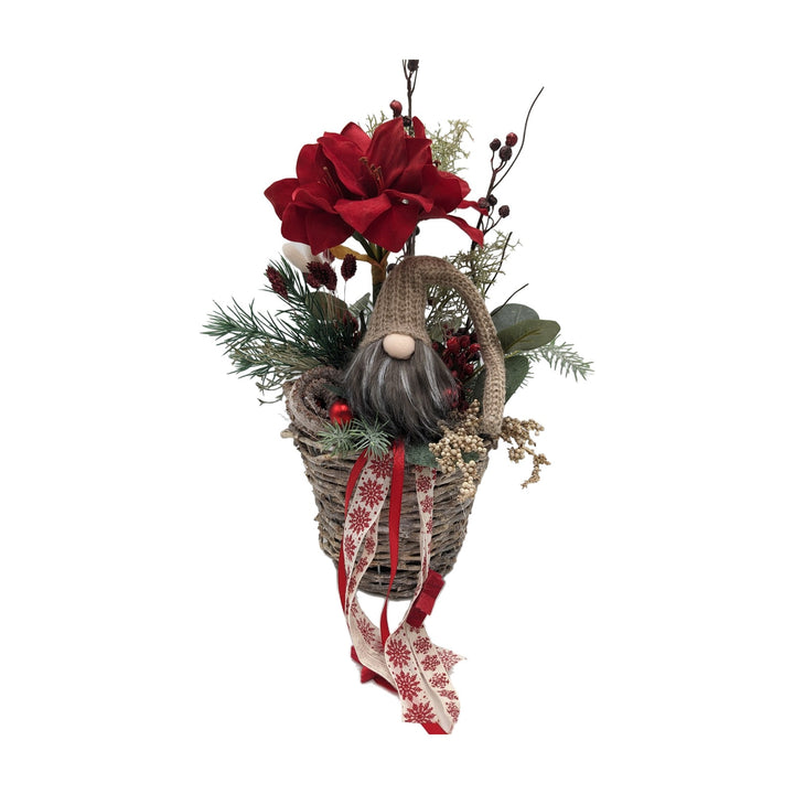 Freigestellt Weihnachtsgesteck Wichtel Amaryllis Kugel rot natur im Korb