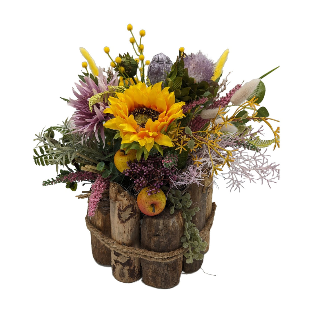 Freigestellt Sommergesteck Sonnenblume Apfel Gräser gelb lila