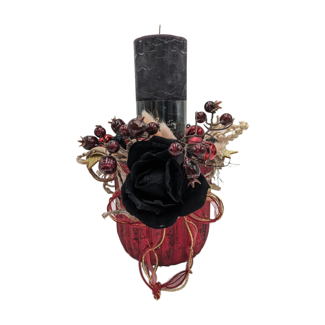 Freigestellt Weihnachtsgesteck Rose Beeren Sterne Kugeln schwarz rot