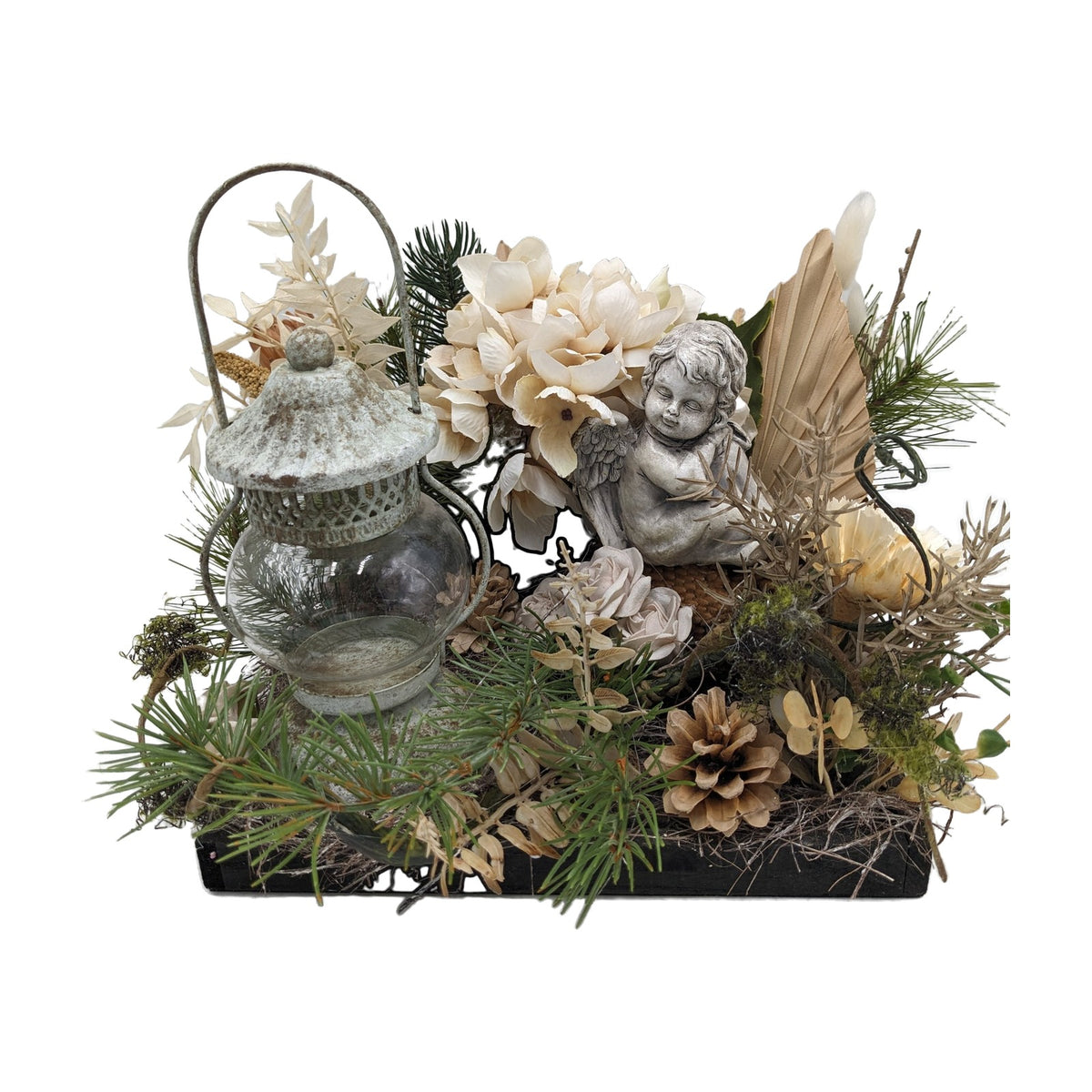 Freigestellt Trauergesteck Windlicht Engel Hortensie creme grau