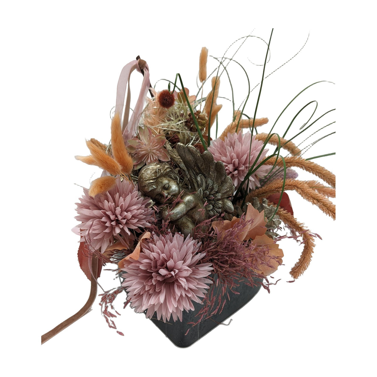 Freigestellt Trauergesteck Chrysantheme Engel Gräser rosa gold