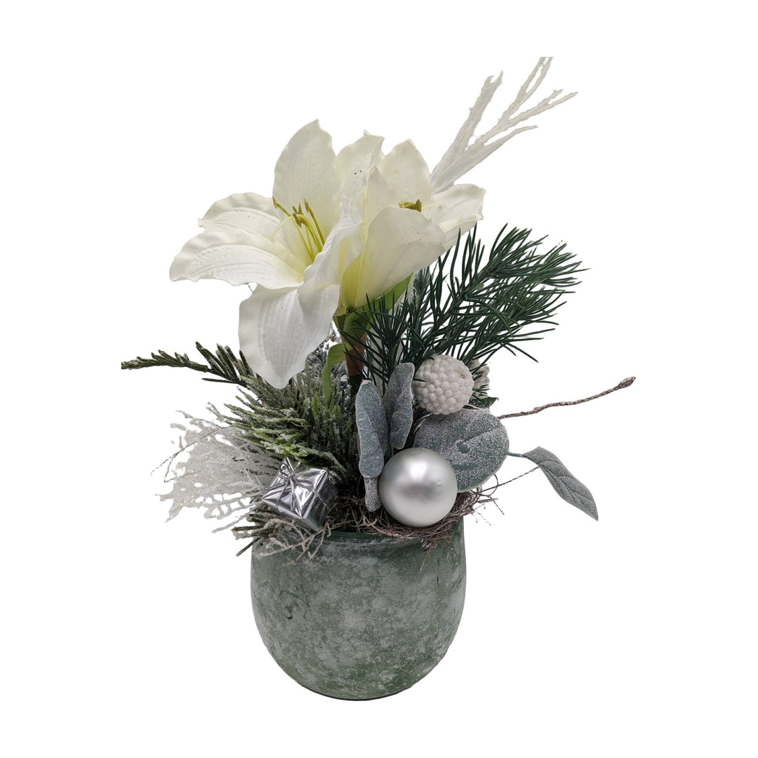 Freigestellt Weihnachtsgesteck Amaryllis Kugel Geschenk weiß silber