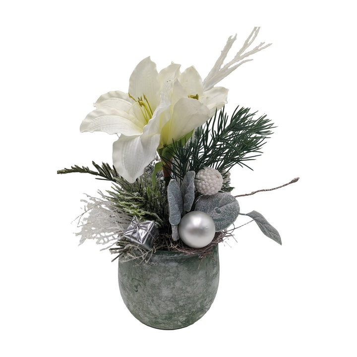 Freigestellt Weihnachtsgesteck Amaryllis Kugel Geschenk weiß silber