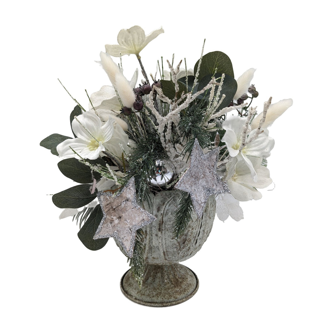 Freigestellt Weihnachtsgesteck Amaryllis Sterne Kugel weiß silber im Pokal
