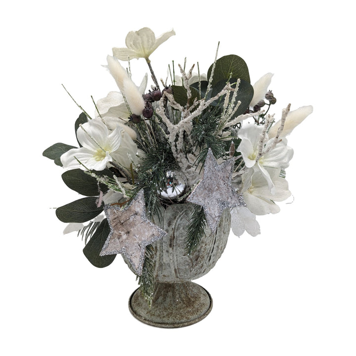 Freigestellt Weihnachtsgesteck Amaryllis Sterne Kugel weiß silber im Pokal