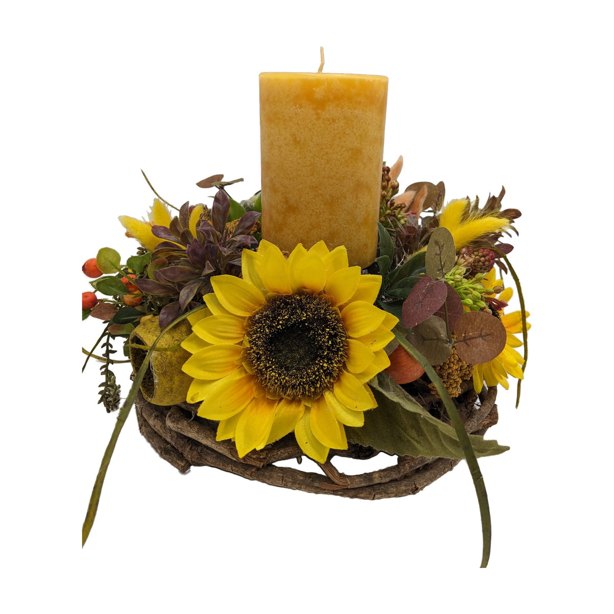 Freigestellt Sommergesteck Sonnenblumen Beeren Kerze gelb natur