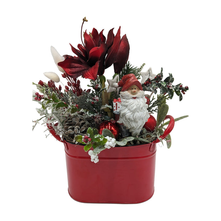 Freigestellt Weihnachtsgesteck Weihnachtsmann Amaryllis Kugel Zapfen rot weiß