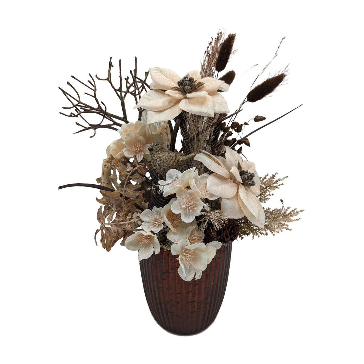 Freigestellt Wintergesteck Vogel Weihnachtsstern Kirschblüte creme braun